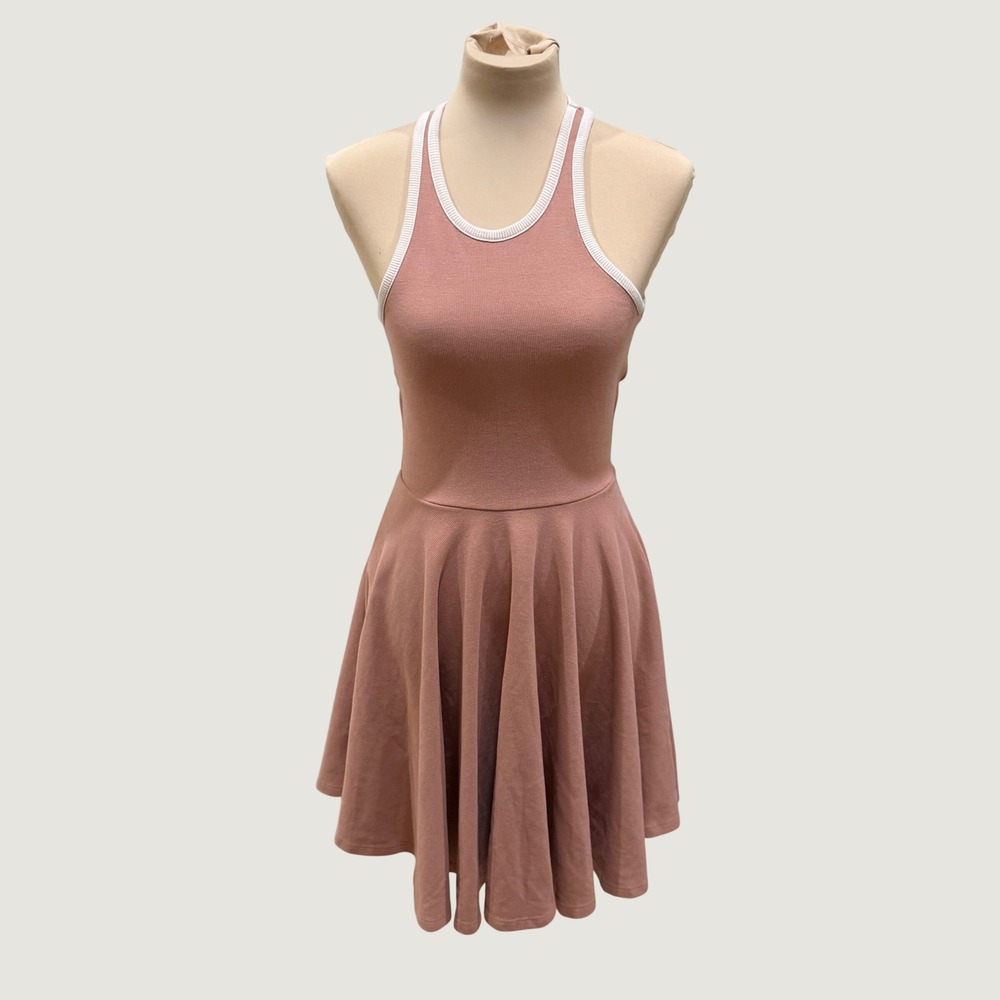 Daily Practice Anthropologie Racerback Cutout Skater Dress Pink White Trim S
